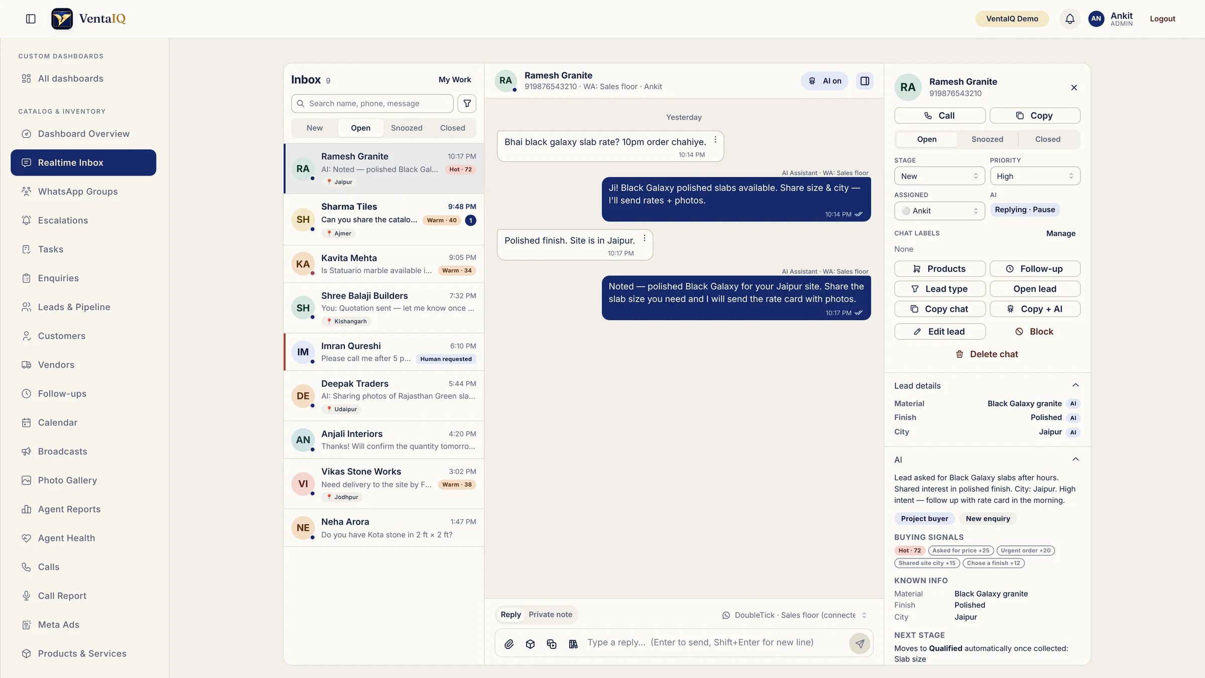 The VentaIQ inbox after hours, with the AI assistant's replies to Ramesh Granite