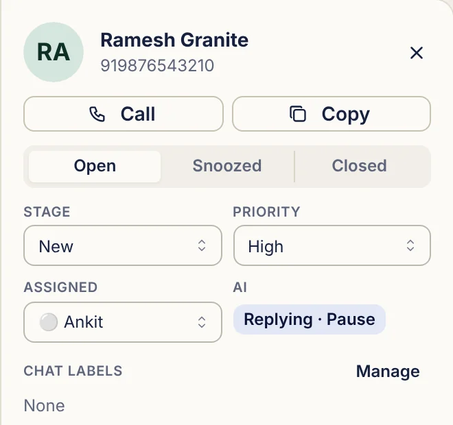 Lead controls with the assigned agent and the AI "Replying · Pause" switch, above a team-only internal note