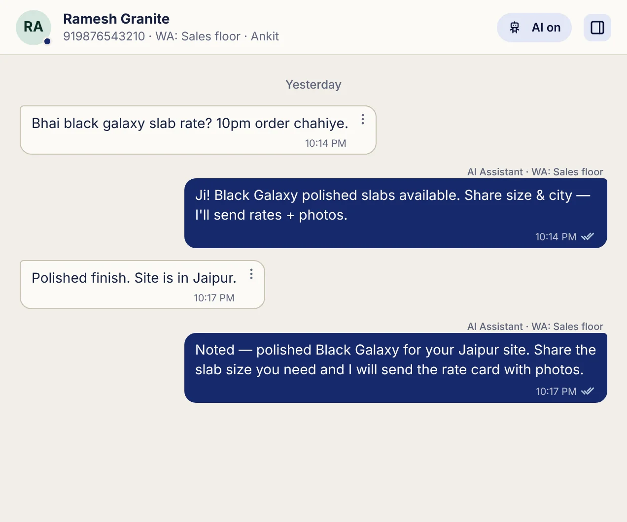 Chat where the AI assistant answers a late-night enquiry for Black Galaxy slabs