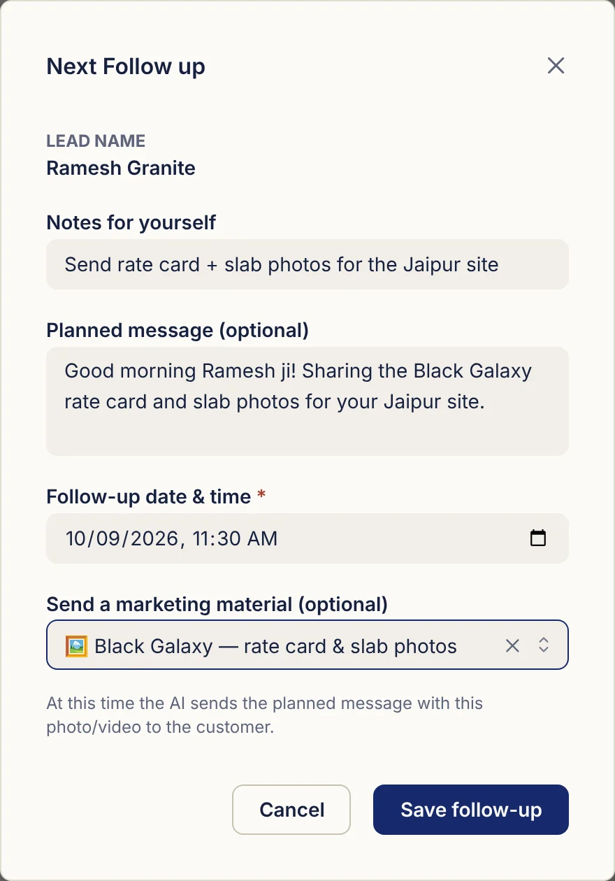 Next follow-up form with a planned message and a rate card for the AI to send