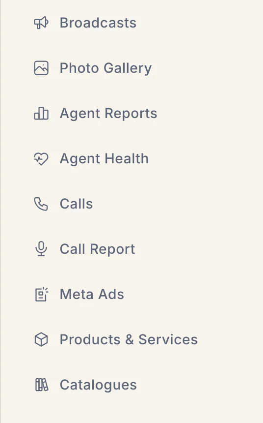 VentaIQ menu with Broadcasts, Photo Gallery, Agent Reports, Calls and Catalogues